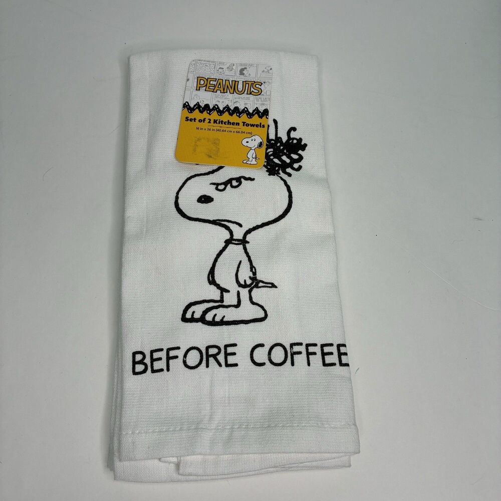 Set Of 2 Peanuts Snoopy Before & After Coffee Kitchen Towels 16x26 NWT